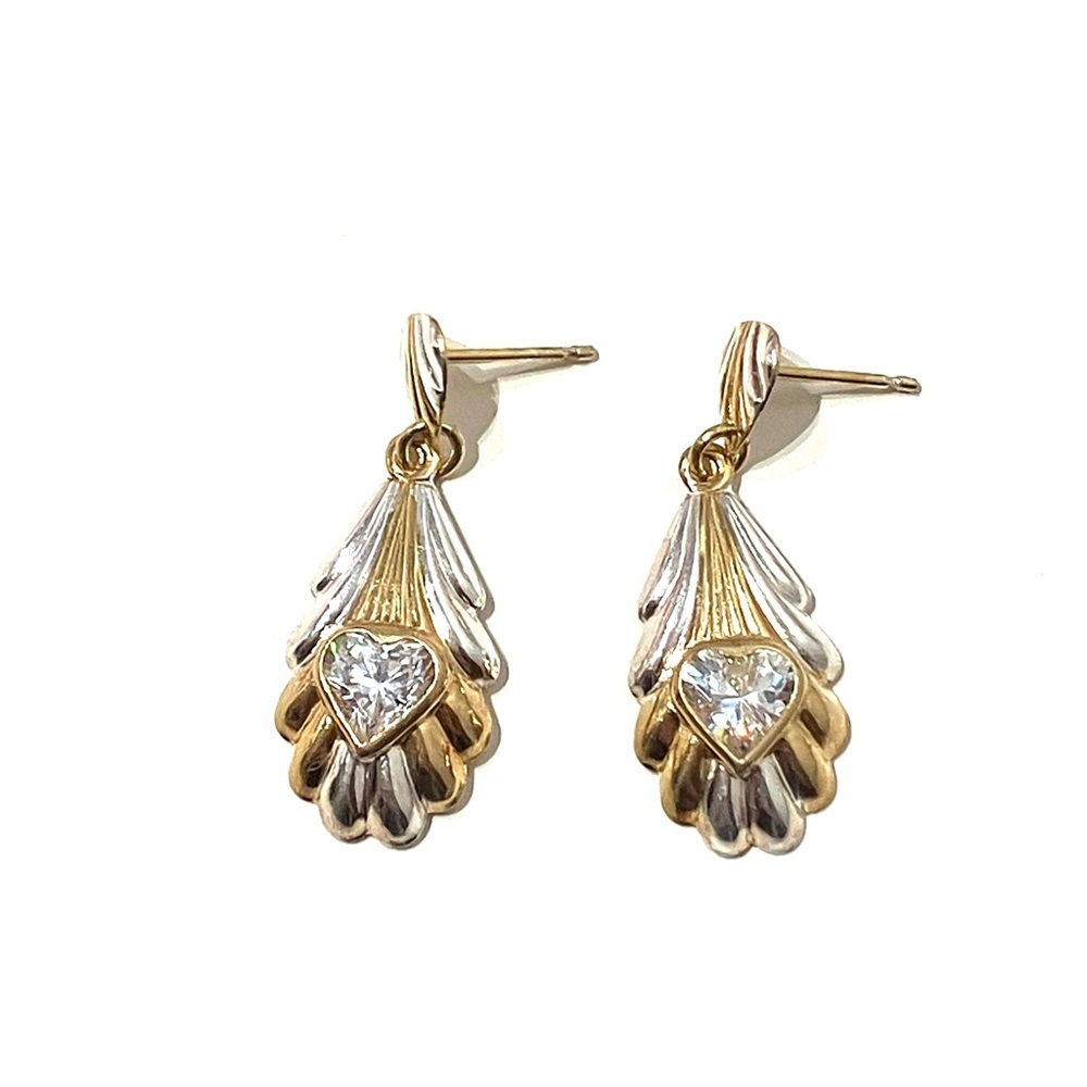 Vintage Two Tone Gold Silver Heart CZ Earrings